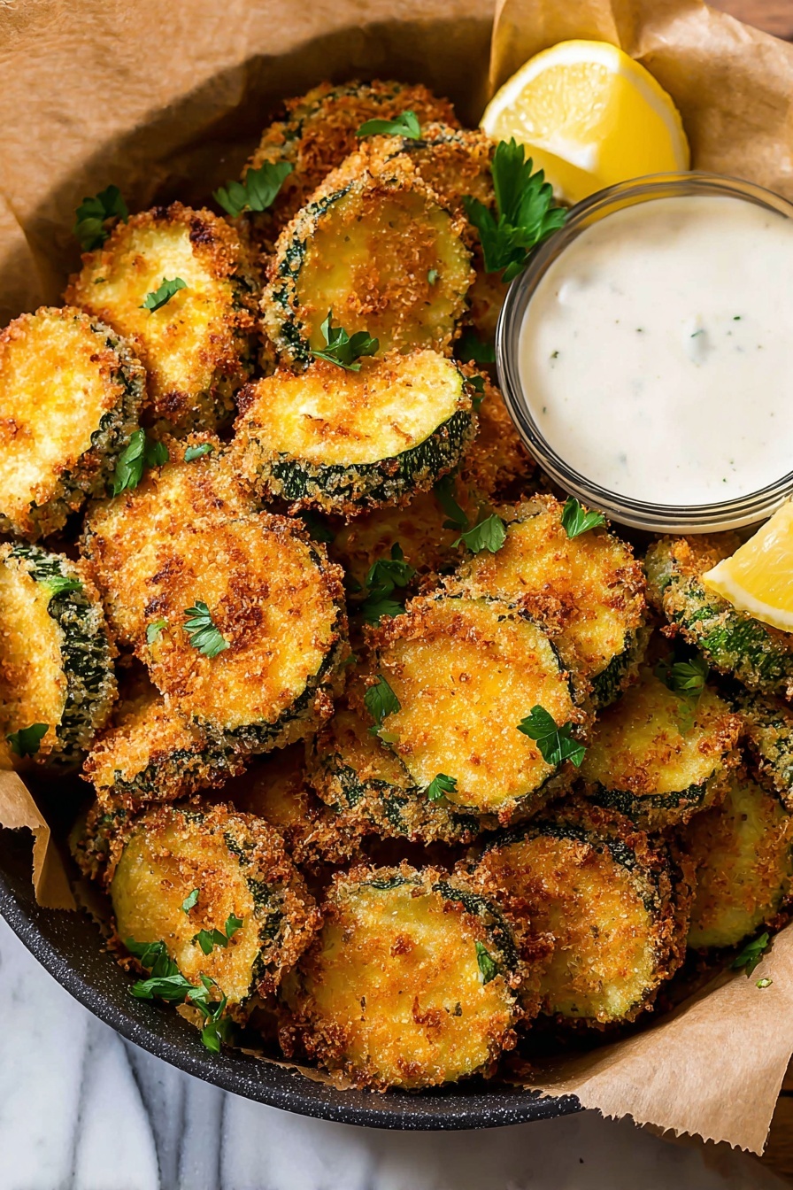 This image shows many round, golden brown fried zucchini slices stacked closely in a black pan lined with brown parchment paper. Each slice has a crunchy, textured coating with visible green zucchini skin around the edges. On the right side of the pan, there is a small glass bowl filled with creamy white dipping sauce. Next to the sauce, two yellow lemon wedges and some green parsley leaves add color. Small green parsley sprigs are scattered across the zucchini slices. The setting is on a white marbled surface. Photo taken with an iphone --ar 2:3 --v 7