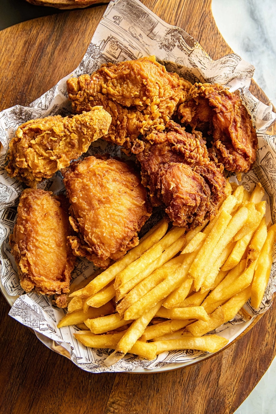 A round white plate lined with a sheet of vintage-style paper holds a mix of fried foods arranged in two layers; in the bottom layer, there are golden-yellow French fries on the right side with a smooth, slightly shiny texture, and above them, five pieces of fried chicken varying in shape and size. The chicken has a crispy, rough texture with colors ranging from light golden brown to darker brown, some pieces having more crinkles and uneven surfaces. The basket is placed on a wooden surface, but the background should appear as white marbled texture. Photo taken with an iphone --ar 2:3 --v 7