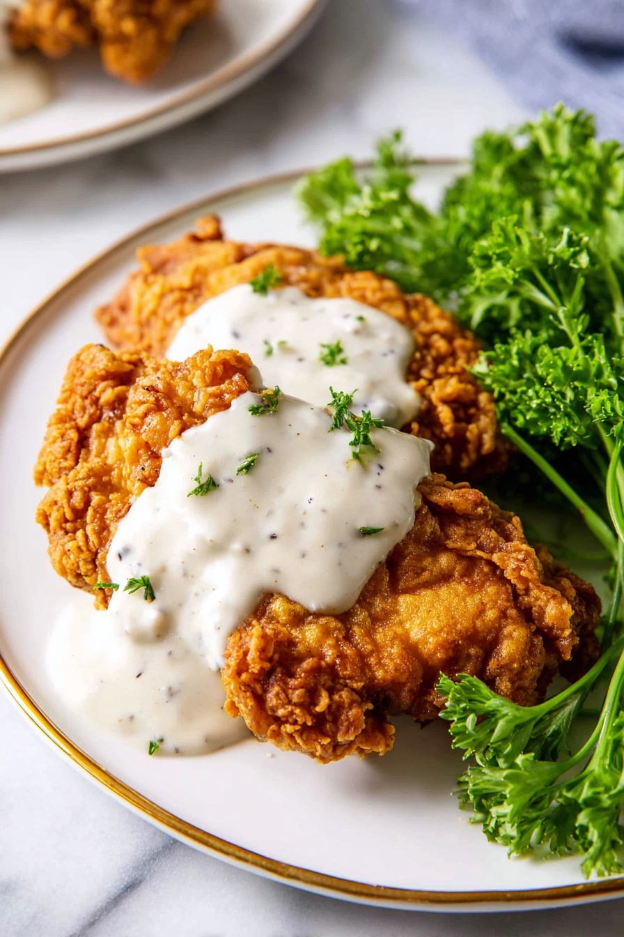 On a white plate with a thin gold rim, there are two pieces of golden brown fried chicken with a rough, crispy texture. The chicken pieces are stacked slightly on top of each other and covered with a thick, creamy white sauce that has small black specks. To the right of the chicken, there is a bunch of fresh, bright green parsley with curly leaves. The plate sits on a white marbled surface. Photo taken with an iphone --ar 2:3 --v 7