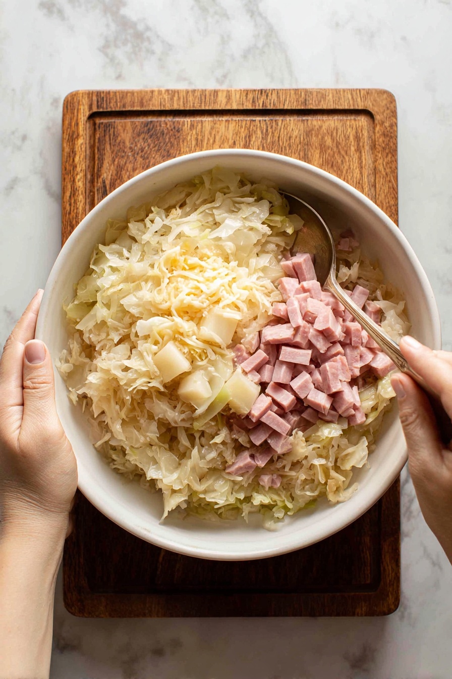 A plate with several golden brown fried pockets filled with layers of pinkish cured meat and white shredded cabbage or sauerkraut; one pocket is cut open and placed in the front showing three clear layers: a crispy, browned outside crust, a middle layer of pale sauerkraut, and a thick layer of pink cured meat inside. Next to the pockets, there is a small metal cup filled with a creamy beige sauce with tiny green and orange specks. The round plate is white on the edges and blue in the center, set on a white marbled surface, with a blue and white checkered cloth in the background. photo taken with an iphone --ar 2:3 --v 7