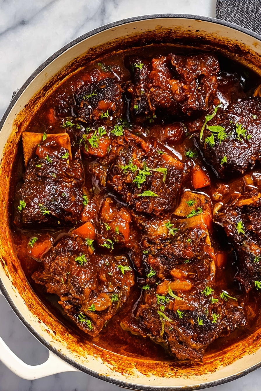 A white cast iron pot filled with thick, dark brown pieces of cooked meat in rich, glossy sauce with visible small chunks of carrots and celery mixed in. The meat pieces have a rough texture with some crispy edges, and there is a light sprinkle of green herbs on top. The sauce looks slightly oily and thick, pooling around the meat. The pot is placed on a white marbled surface. photo taken with an iphone --ar 2:3 --v 7