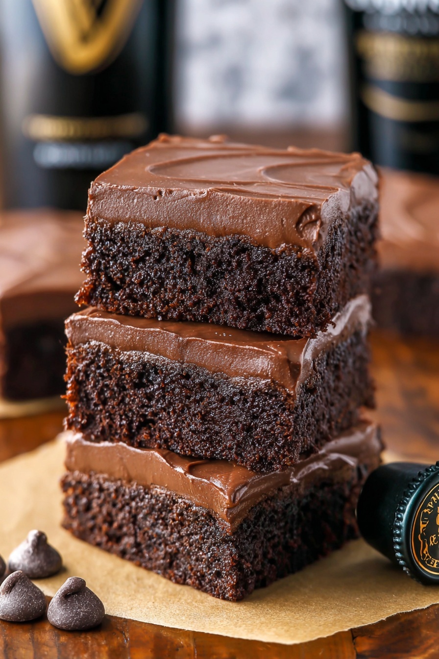 A stack of three square chocolate brownies is shown, each with two layers: a thick, dark brown spongy bottom layer with a moist texture and a smooth, thick layer of chocolate frosting on top with subtle wavy lines. The brownies sit on a piece of light brown parchment paper over a wooden surface, with two chocolate chips to the left and a black bottle cap with gold details on the right. The background features blurred dark bottles and a white marbled texture. photo taken with an iphone --ar 2:3 --v 7