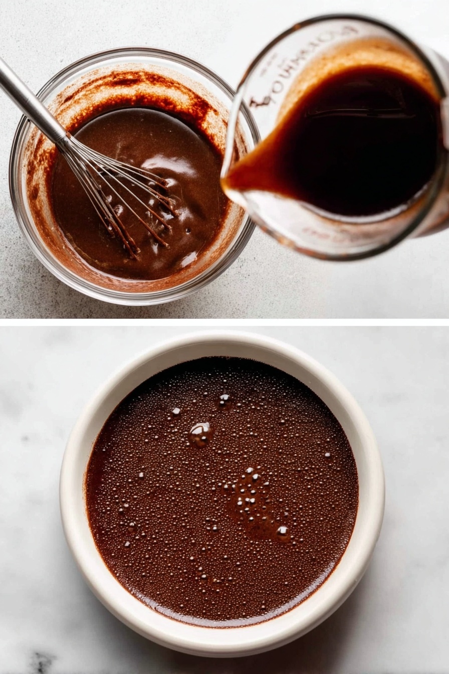 A close-up image of one slice of a three-layer dark chocolate cake on a white plate. The cake layers have a rich, moist, and textured look with a dark brown color, separated by thick, creamy chocolate frosting layers. The outside is covered with smooth chocolate frosting, decorated with small golden sugar sprinkles on the top edge. A shiny silver fork is cutting into the bottom layer of the cake. The plate sits on a white marbled surface, with a blurry dark cup in the background. Photo taken with an iphone --ar 2:3 --v 7