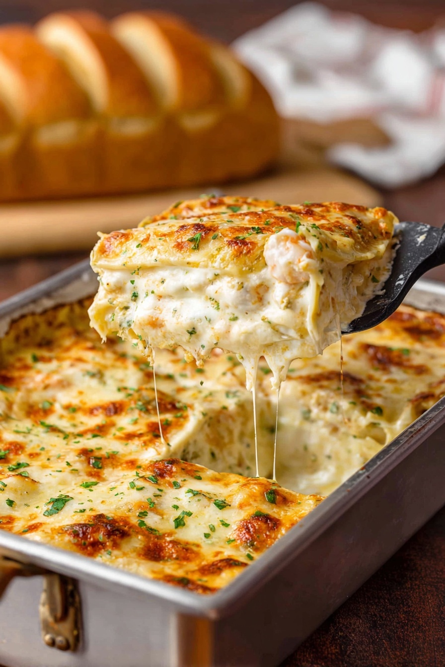 A white baking dish holds a creamy, cheesy lasagna with about four visible layers of pasta sheets and thick white sauce mixed with cheese. The top layer is golden brown with melted cheese bubbling and lightly browned spots, sprinkled with small green herb bits. A silver serving spatula lifts a square piece, showing the soft layers and melted cheese stretching slightly. In the background, there is a loaf of bread resting on a white marbled surface. Photo taken with an iphone --ar 2:3 --v 7