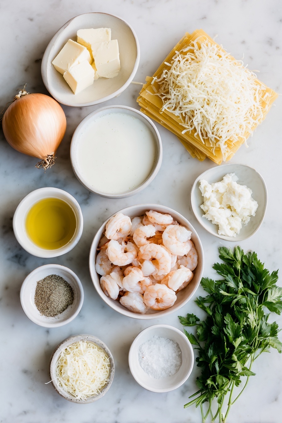 Flat lay of fresh small shrimp with pink shells neatly arranged, lump crab meat in a small white ceramic bowl, a medium yellow onion whole and unpeeled, a handful of bright green fresh parsley sprigs, a bundle of oven-ready lasagna noodles stacked, a mound of shredded fresh mozzarella cheese, a small white bowl of creamy heavy cream, a small white bowl of pale clam juice, a small white bowl of golden olive oil, a small white bowl of unsalted butter cubes, a small white bowl of finely grated parmesan cheese, a small white bowl containing a smooth mixture of pale flour, a small white bowl each with ground garlic powder, onion powder, nutmeg, Italian seasoning, kosher salt, and black pepper arranged symmetrically, all placed on a clean white marble surface, soft natural light, photo taken with an iPhone, professional food photography style, fresh ingredients, white ceramic bowls, no bottles, no duplicates, no utensils, no packaging --ar 2:3 --v 7 --p m7354615311229779997