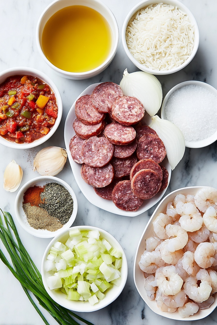 Flat lay of a small white ceramic bowl with golden vegetable oil, a pile of sliced andouille sausage rounds showing rich reddish-brown color, raw boneless skinless chicken pieces pale pink and fresh, a large diced white onion with visible layers, diced green and red bell pepper chunks with vibrant colors, chopped celery stalks crisp and light green, two whole garlic cloves peeled and fresh, a small white bowl filled with bright crushed tomatoes, a neat pile of ground smoked paprika powder with deep red color, small heaps of salt, ground cumin, dried oregano, dried basil, dried thyme, black peppercorns, and bright red cayenne powder arranged separately, uncooked long-grain white rice grains spread in a small white bowl, a small white bowl with clear golden chicken broth, a cluster of plump raw peeled and deveined shrimp with translucent pink and white shells, and a few fresh green onion sprigs with bright green stalks — all ingredients symmetrically arranged on a clean white marble surface, soft natural light, photo taken with an iPhone, professional food photography style, fresh ingredients, white ceramic bowls, no bottles, no duplicates, no utensils, no packaging --ar 2:3 --v 7 --p m7354615311229779997