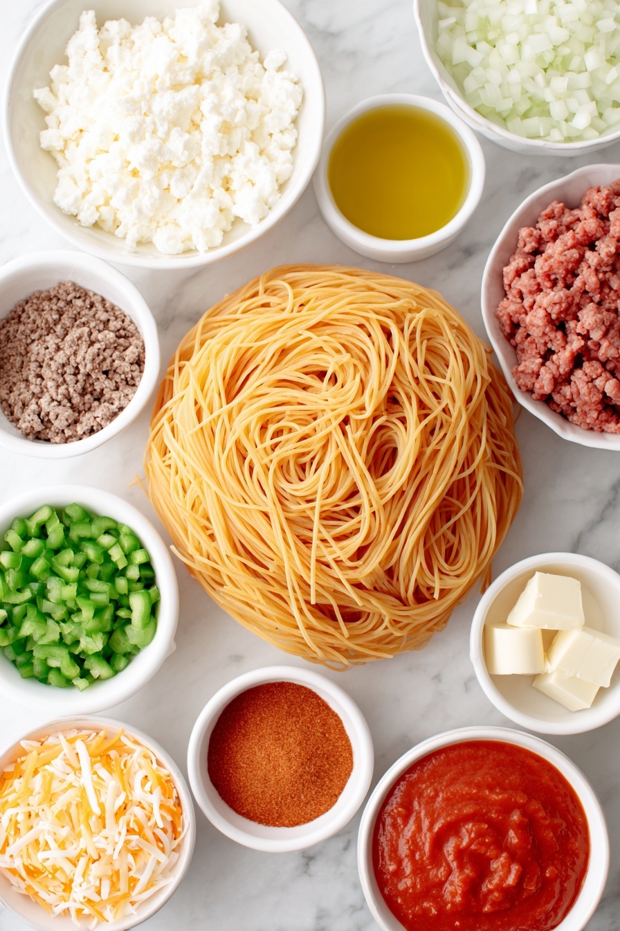 Flat lay of a mound of uncooked golden spaghetti noodles, a small white bowl of shiny olive oil, a medium white ceramic bowl filled with diced white onion, a small white bowl holding diced vibrant green bell pepper, a small white bowl with peeled whole garlic cloves, a small white bowl containing raw ground beef, a small white bowl with reddish-brown taco seasoning powder, a small white bowl of coarse salt crystals, a small white bowl of whole black peppercorns, a simple white ceramic bowl holding crushed bright red tomatoes, a small white bowl filled with smooth red enchilada sauce, a small white bowl with yellow butter cubes, a small white bowl with smooth white flour powder, a small white bowl of whole milk, a small white bowl with shredded Colby Jack cheese showing marbled white and orange, and a small white bowl with fresh green chopped cilantro leaves, all arranged in perfect symmetry and balanced proportions, placed on a clean white marble surface, soft natural light, photo taken with an iPhone, professional food photography style, fresh ingredients, white ceramic bowls, no bottles, no duplicates, no utensils, no packaging --ar 2:3 --v 7 --p m7354615311229779997