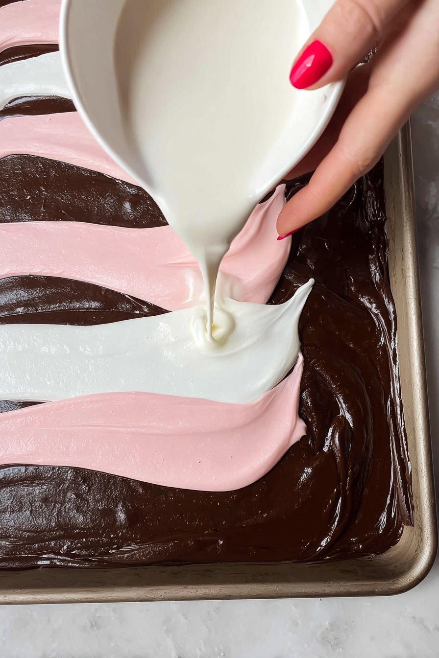 The image shows a close-up of a woman's hand holding a triangular piece of candy bark with three clear layers: a dark brown chocolate base, a thick white middle layer, and a pink swirled top layer covered with colorful small round and heart-shaped candy sprinkles in shades of red, pink, and white. More pieces of the candy bark are stacked behind on a white marbled surface, with the intricate swirls and bright candy decorations clearly visible. The photo taken with an iphone --ar 2:3 --v 7