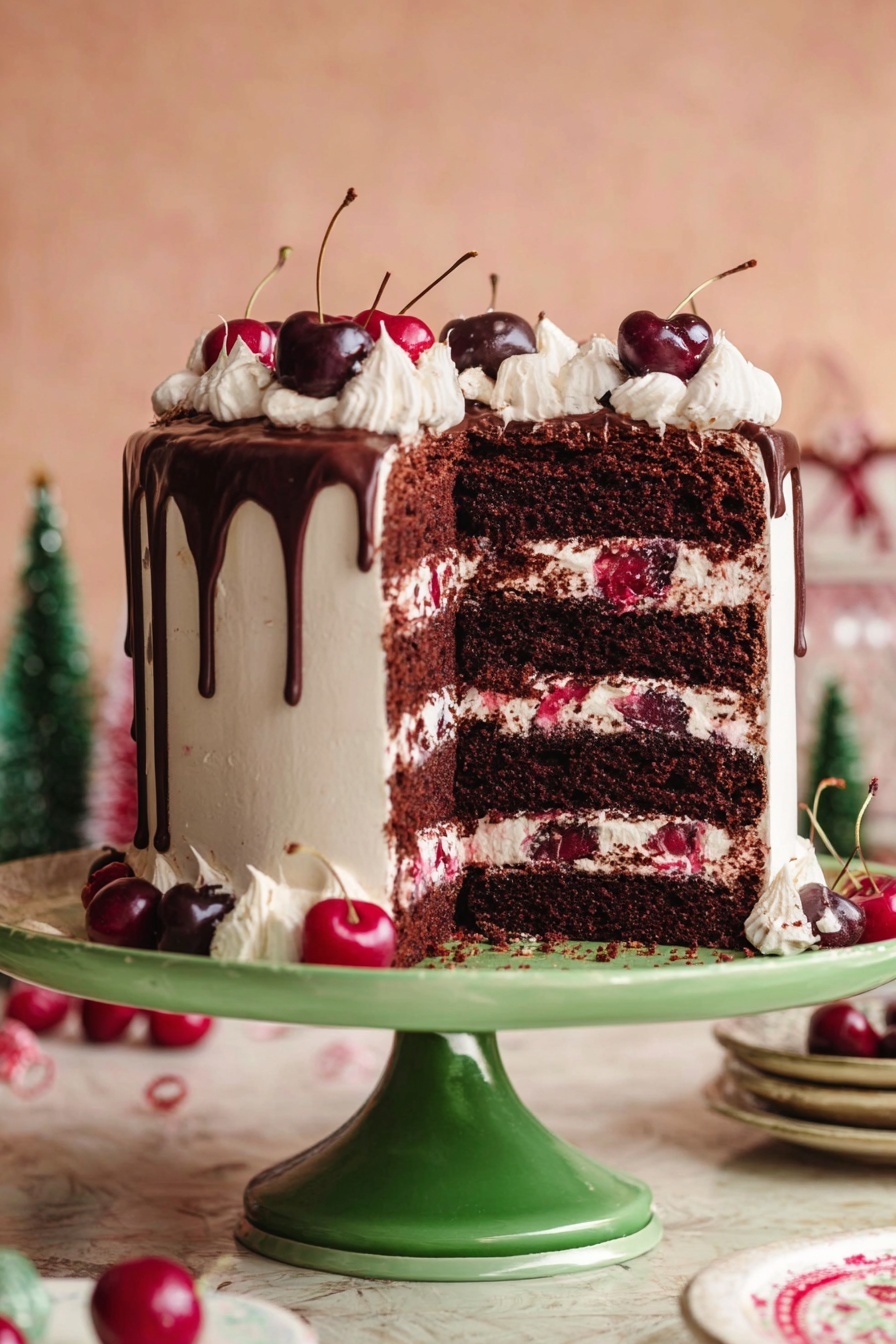 The image shows a tall chocolate cake with five thick layers of dark chocolate sponge filled with white cream and bright red cherries. The outside is covered in smooth white cream with a drip of dark chocolate running down the sides. The top of the cake is decorated with swirls of white cream and whole cherries in red and dark purple colors. The cake is placed on a shiny green cake stand, and the background has a soft peach color with some blurred Christmas-like decorations. The surface is a white marbled texture photo taken with an iphone --ar 2:3 --v 7