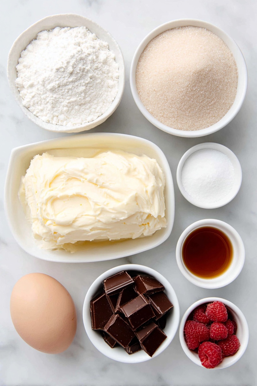 Flat lay of a small mound of softened pale yellow unsalted butter, a small white ceramic bowl filled with packed light brown sugar, a small white ceramic bowl with fine white granulated sugar, a whole large egg with a clean uncracked shell, a small white ceramic bowl holding pure golden vanilla extract, a small white ceramic bowl of all-purpose flour with a fine texture, a small white ceramic bowl containing white baking soda powder, a small white ceramic bowl with white baking powder, a small white ceramic bowl of fine white salt, a small pile of glossy dark brown bittersweet chocolate chunks, and a small white ceramic bowl filled with bright red frozen raspberries—each ingredient arranged in perfect symmetry on a clean white marble surface, soft natural light, photo taken with an iPhone, professional food photography style, fresh ingredients, white ceramic bowls, no bottles, no duplicates, no utensils, no packaging --ar 2:3 --v 7 --p m7354615311229779997