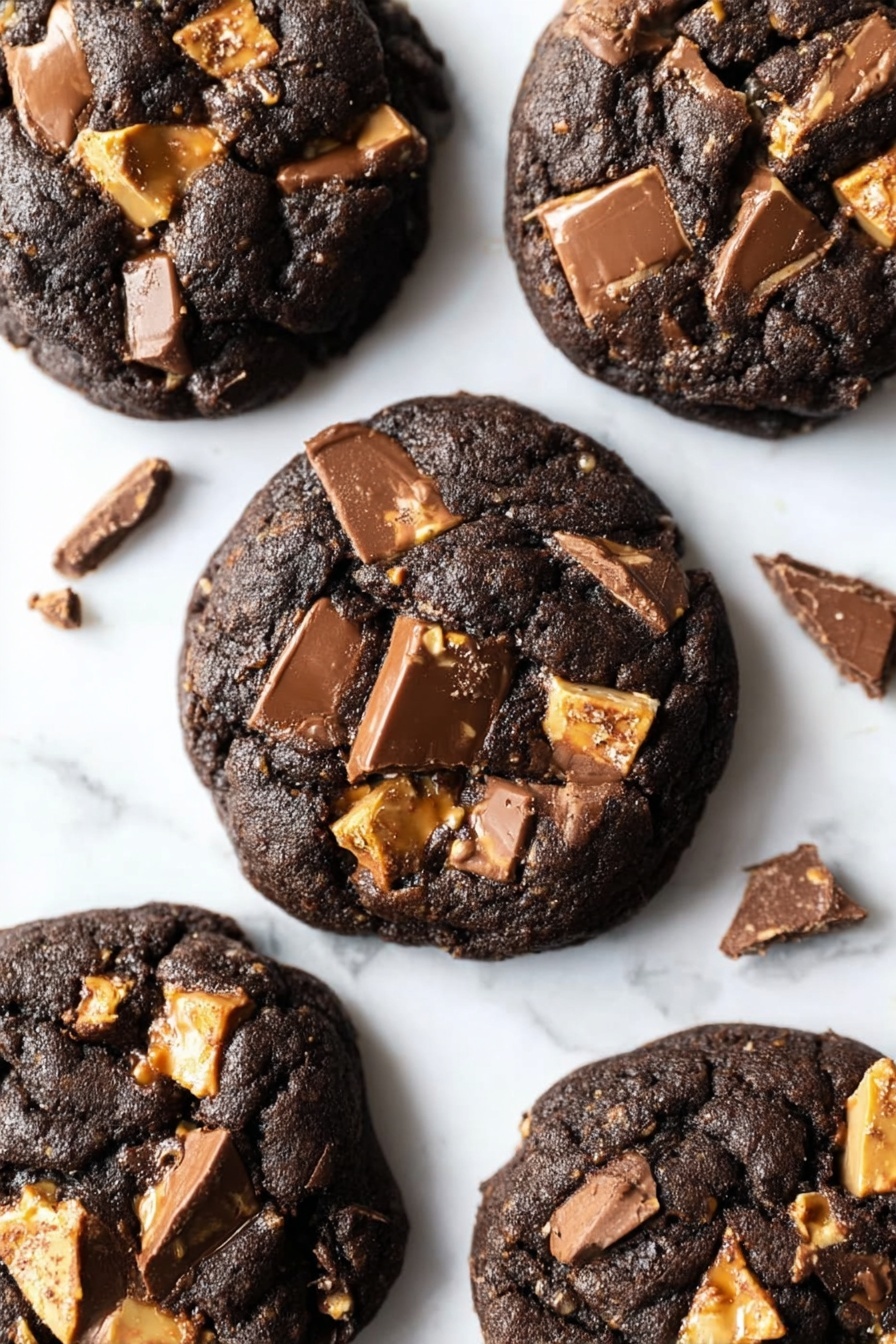 The image shows five dark chocolate cookies spread out on a white marbled surface. Each cookie is thick with a slightly cracked, soft texture, and embedded with irregular, chunky pieces of milk and light caramel-colored chocolate on top and within. The cookies appear rich and dense, with the chocolate pieces giving a mix of smooth and slightly rough textures. There are a few broken bits of chocolate on the surface near the cookies, adding a casual feel to the arrangement. photo taken with an iphone --ar 2:3 --v 7