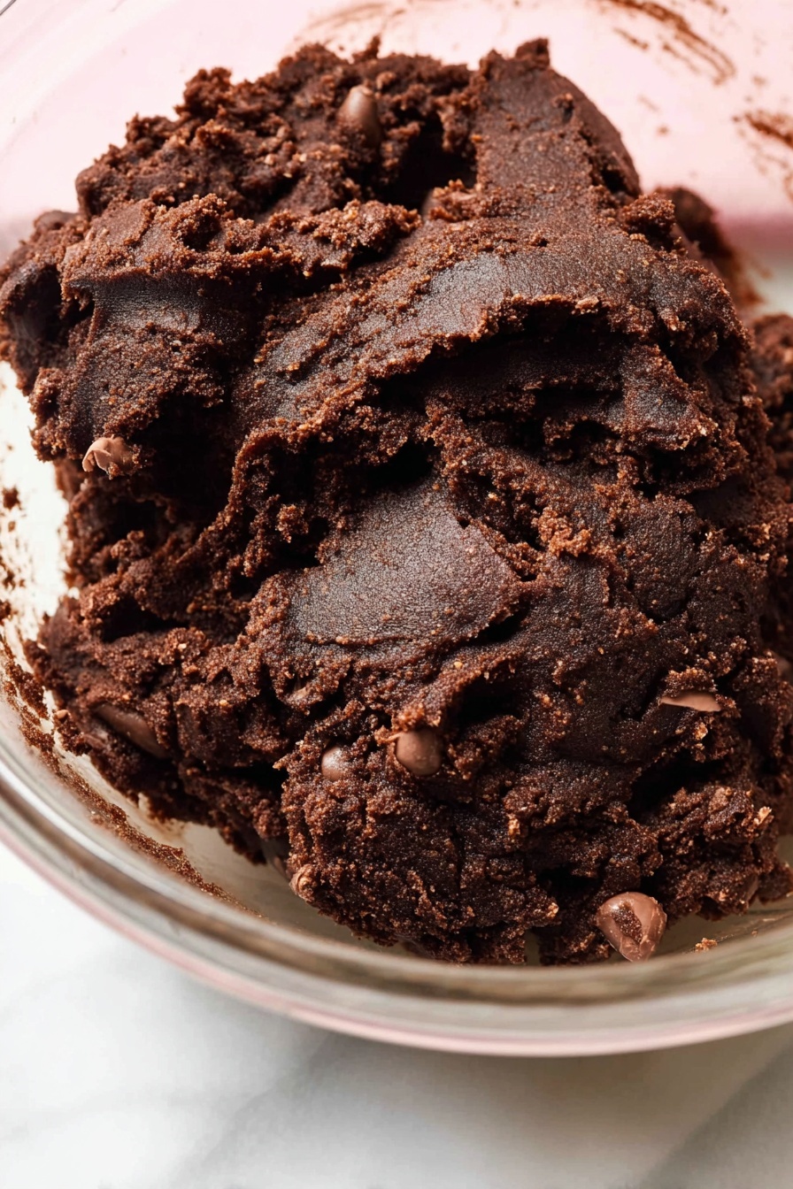 The image shows three thick dark chocolate cookies stacked on top of each other against a dark background. Each cookie is dense and chewy-looking, with rich black-brown dough mixed with large chunks of creamy caramel and melted chocolate chips. The top cookie has a rough, cracked surface revealing gooey orange caramel inside. The middle cookie shows a blend of caramel pieces and chocolate pockets melting together. The bottom cookie has a mix of melty chocolate and caramel bits embedded deep in the dough. The cookies rest on a white marbled surface with scattered crumbs around them. photo taken with an iphone --ar 2:3 --v 7