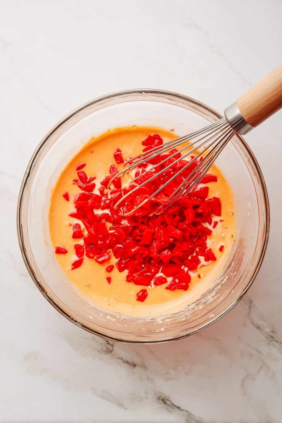 A two-layer pink cake slice sits on a stack of three white plates, with a white marbled surface underneath. Each cake layer is light pink with tiny red fruit bits inside. Between the layers, there is a smooth pink frosting spread evenly. The top layer is covered with the same pink frosting, decorated with three bright red cherries on top, each with a stem, placed over swirls of frosting. Behind the cake, a white pitcher holds wooden spoons, and a glass of milk is visible, all on the white marbled background with a red cloth nearby. Photo taken with an iphone --ar 2:3 --v 7