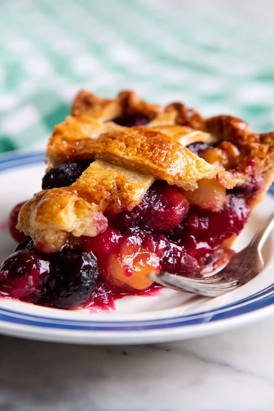 A pie with a golden beige crust sits in a clear glass dish on a white marbled surface. The top has a lattice design made of wide, flat strips of crust with scalloped edges, arranged in a crisscross pattern. Through the gaps, bright red cherries and thick, glossy cherry filling spill out, contrasting with the pale crust. The outer edge of the crust is thick and crimped with a ruffled pattern. A white towel with dark stripes is partially visible in the top left corner. photo taken with an iphone --ar 2:3 --v 7