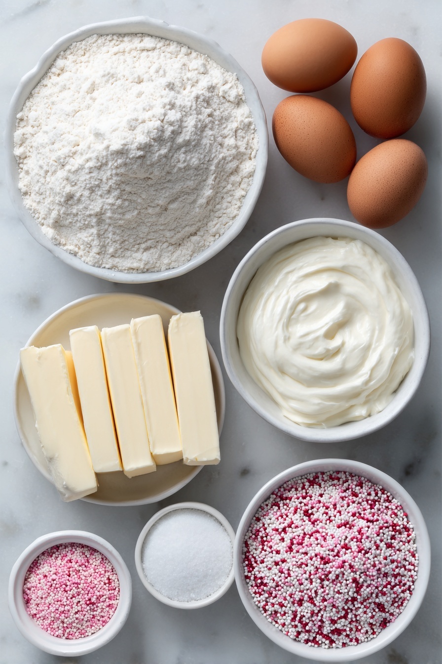 Flat lay of a small mound of all-purpose flour, a small white ceramic bowl with fine sea salt and baking powder mixed, a few large whole uncracked brown eggs with clean shells, a handful of pale yellow unsalted European butter sticks at cool room temperature, a small white ceramic bowl filled with granulated sugar, a tiny white ceramic bowl holding heavy cream, a small white ceramic bowl containing vanilla bean paste, a small white ceramic bowl with vivid red gel food coloring, and a small white ceramic bowl overflowing with pink and white jimmy sprinkles, all arranged with perfect symmetry on a clean white marble surface, soft natural light, photo taken with an iPhone, professional food photography style, fresh ingredients, white ceramic bowls, no bottles, no duplicates, no utensils, no packaging --ar 2:3 --v 7 --p m7354615311229779997