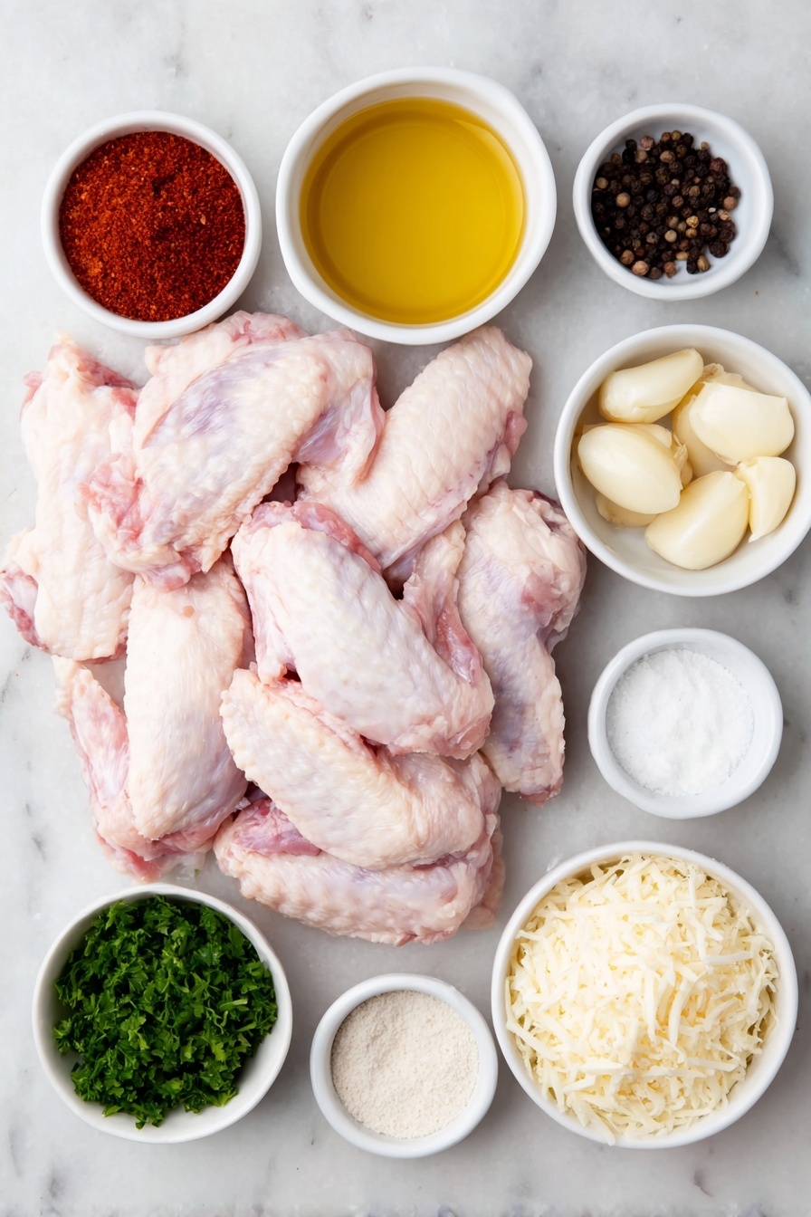 Flat lay of two pounds of fresh raw chicken wings arranged neatly, a small white bowl of golden olive oil, a small white bowl filled with garlic powder, another small white bowl containing onion powder, a small white bowl with coarse salt crystals, a small white bowl holding whole black peppercorns, a small white bowl of deep red smoked paprika, a small white bowl with fine baking powder, a small white bowl of melted golden butter, five peeled fresh garlic cloves, a small white bowl of chopped bright green parsley, and a small white bowl heaped with freshly grated pale yellow Parmesan cheese, all placed on a clean white marble surface, soft natural light, photo taken with an iPhone, professional food photography style, fresh ingredients, white ceramic bowls, no bottles, no duplicates, no utensils, no packaging --ar 2:3 --v 7 --p m7354615311229779997