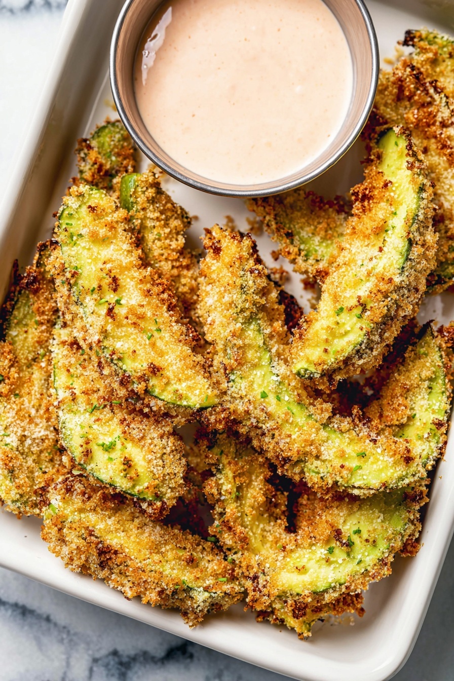 The image shows a white rectangular dish filled with crispy avocado slices that are coated with a golden brown, crunchy crumb layer. The avocado's green flesh peeks through the crispy coating in some parts. In the top left corner of the dish, there is a small round metal cup filled with a light pink creamy dipping sauce that has a smooth texture. The dish is placed on a white marbled surface. photo taken with an iphone --ar 2:3 --v 7