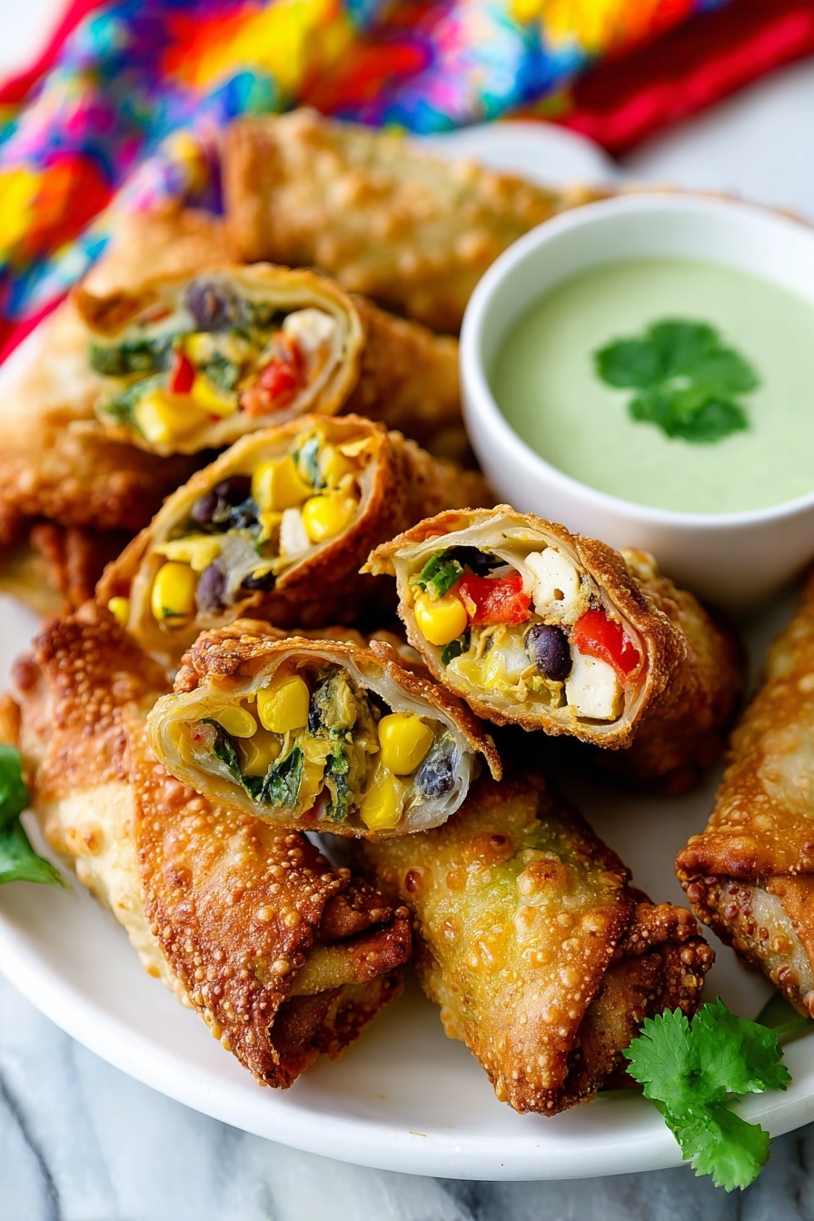 A white plate holds several golden brown, crispy fried rolls cut in half showing colorful layers inside; the filling includes light yellow corn kernels, small black beans, red bell pepper pieces, diced white tofu, and green leafy vegetables, all tightly packed in thin, crunchy wrappers. Next to the rolls is a small white bowl filled with smooth, light green creamy sauce, garnished with fresh green cilantro leaves. A colorful cloth with red, yellow, and blue patterns is softly blurred in the background. The plate rests on a white marbled surface. photo taken with an iphone --ar 2:3 --v 7