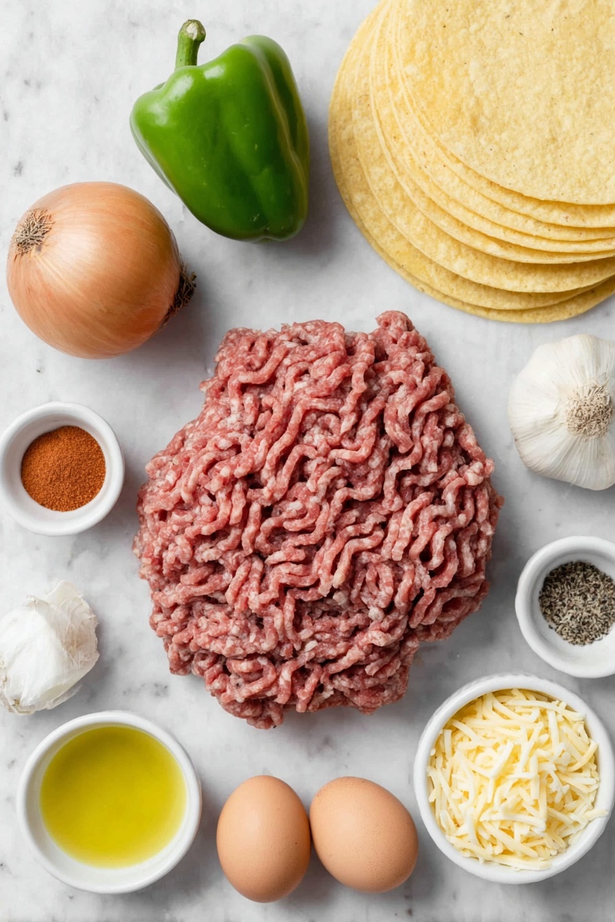 Flat lay of fresh lean ground beef formed into a loose mound, one whole brown onion with papery skin, one fresh green bell pepper sliced to show seeds, two whole uncracked brown eggs, a small pile of soft yellow corn tortillas stacked neatly, a small mound of shredded marble cheese with white and orange hues, a few whole garlic bulbs beside a small white ceramic bowl of garlic powder, a small white ceramic bowl of ground paprika powder, a small white ceramic bowl filled with golden olive oil, a small white ceramic bowl of coarse salt, a small white ceramic bowl of freshly ground black pepper, all arranged symmetrically on a clean white marble surface, soft natural light, photo taken with an iPhone, professional food photography style, fresh ingredients, white ceramic bowls, no bottles, no duplicates, no utensils, no packaging --ar 2:3 --v 7 --p m7354615311229779997