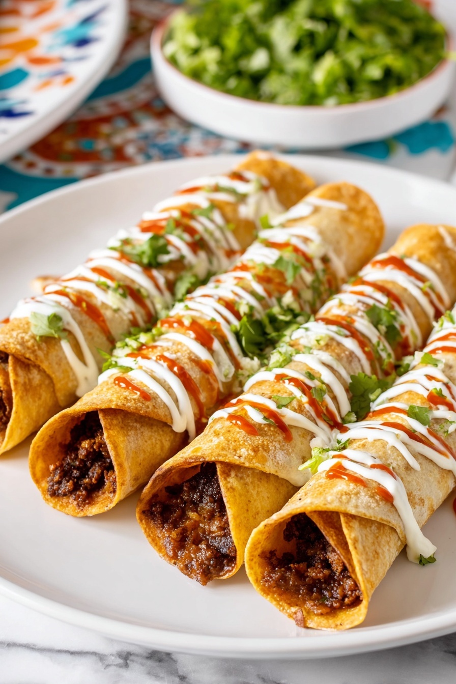 The image shows four steps of making rolled tortillas in an air fryer on a white marbled surface. In the first step, a woman's hand sprays oil on a round, lightly browned tortilla placed on a wooden cutting board with a folded tortilla piece at the top. In the second step, four rolled tortillas are stacked on the cutting board, and the open tortilla on the board is filled with a mix of ground meat and melted cheddar cheese in the center, ready to be rolled. The third step shows six rolled tortillas placed side by side in an air fryer basket, their surfaces soft and slightly spotted with browning marks. The fourth step displays the same six rolled tortillas now crispy and golden brown, nicely cooked in the air fryer basket. A white and black striped cloth is partially visible near the cutting board and air fryer. Photo taken with an iphone --ar 2:3 --v 7