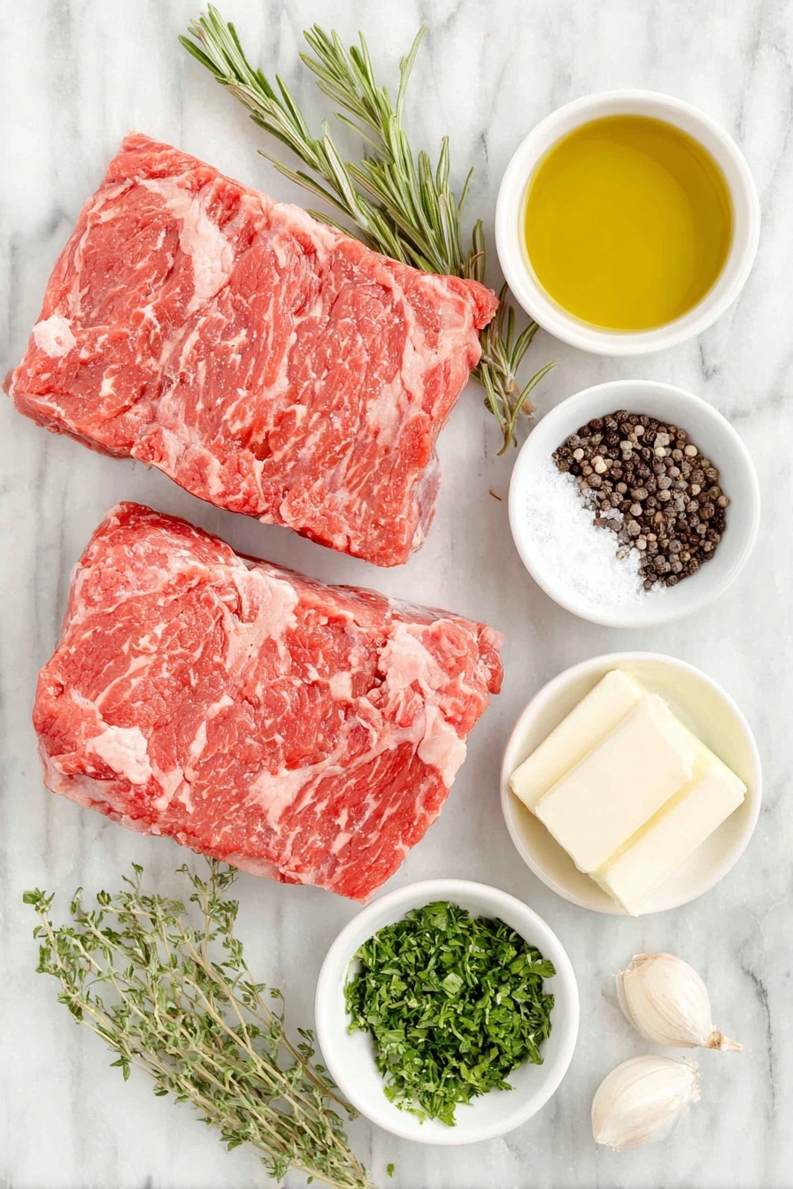 Flat lay of two thick raw filet mignon steaks with rich red marbling, a small white ceramic bowl of golden olive oil, a small white bowl of fine sea salt crystals, a small white bowl of cracked black peppercorns, a small white bowl of softened pale yellow unsalted butter mixed with finely chopped fresh bright green parsley, fresh thyme sprigs, fresh rosemary sprigs, and a single peeled garlic clove placed beside the herb butter, all arranged symmetrically and naturally placed on a clean white marble surface, soft natural light, photo taken with an iPhone, professional food photography style, fresh ingredients, white ceramic bowls, no bottles, no duplicates, no utensils, no packaging --ar 2:3 --v 7 --p m7354615311229779997