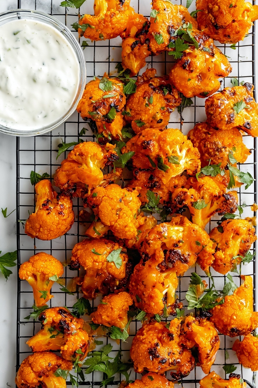 The image shows a wire rack full of pieces of cauliflower coated with a bright orange sauce, giving them a glossy, slightly charred look in spots. The pieces vary in size, scattered evenly across the rack with fresh green parsley leaves sprinkled around for color contrast. On the left side, there is a small clear glass bowl filled with a white creamy dip placed on a white marbled surface. The overall scene is bright and clean, highlighting the vibrant orange and green colors against the white background. photo taken with an iphone --ar 2:3 --v 7