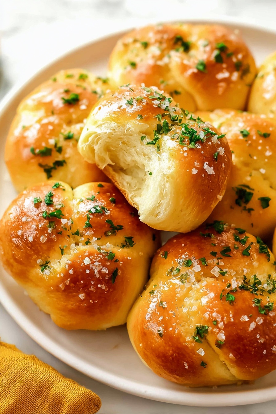 A close-up of seven golden brown garlic knots on a white plate, each knot showing a soft, fluffy texture with a shiny brushed butter glaze. The garlic knots are sprinkled on top with finely chopped green parsley and coarse white salt granules, adding a fresh and slightly crunchy detail. One garlic knot is lifted above the others, clearly showing the airy and tender interior with a light creamy color. The white plate sits on a white marbled surface with a small corner of a mustard yellow cloth visible in the bottom left corner. photo taken with an iphone --ar 2:3 --v 7
