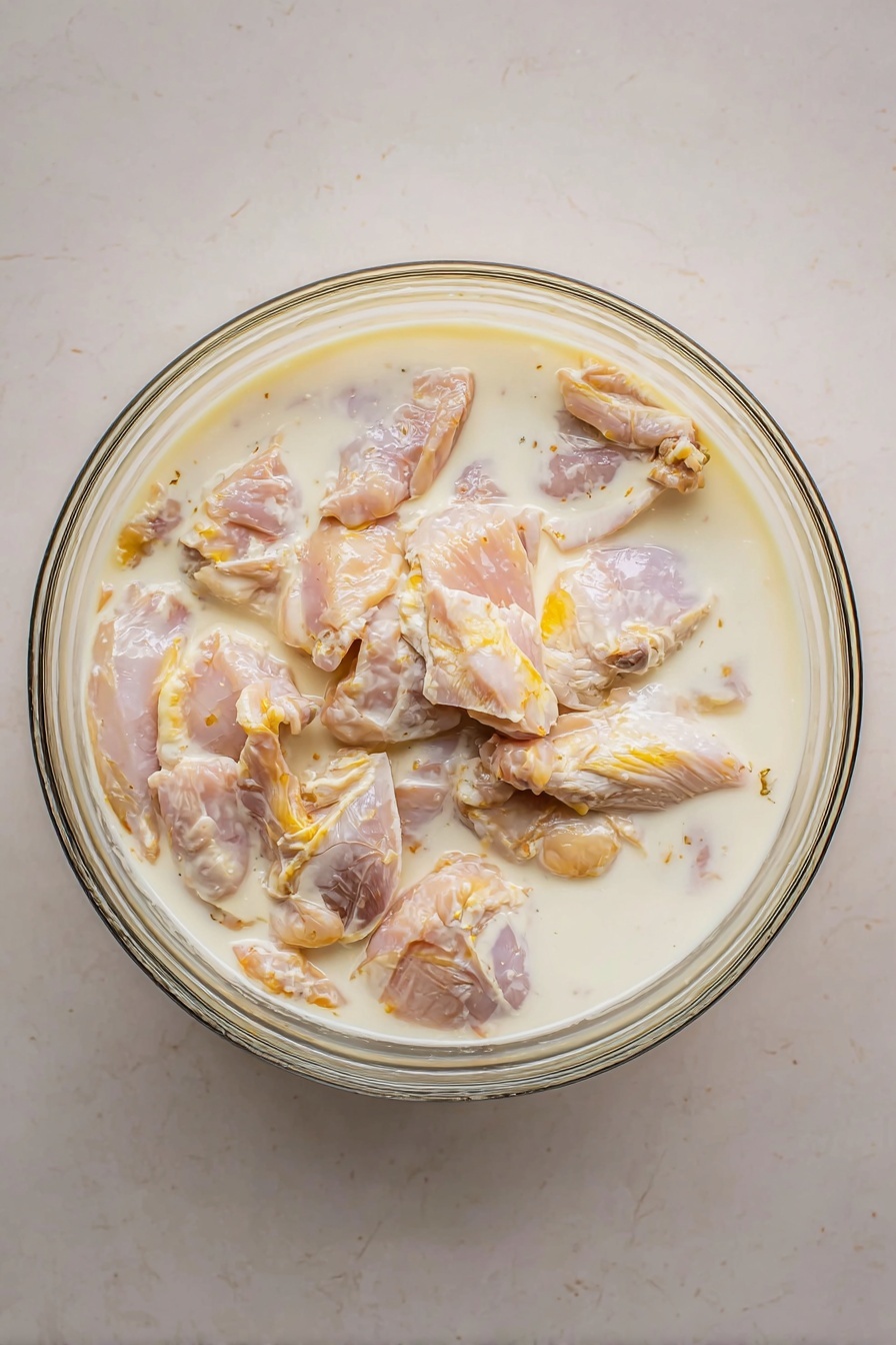 The image shows a white plate with three pieces of crispy fried chicken; one piece is split open to reveal juicy white meat inside. The chicken pieces have a golden-brown crunchy texture with some darker spots, giving a crispy look. There are small green herb sprigs placed around the chicken on the plate. In the top right, more fried chicken pieces sit on a white rectangular plate lined with brown paper and some green herbs underneath. To the left, a black plate with a wooden spoon holds some coarse seasoning crumbs. A gray-striped cloth is partially visible at the bottom left corner on a white marbled textured surface. photo taken with an iphone --ar 2:3 --v 7