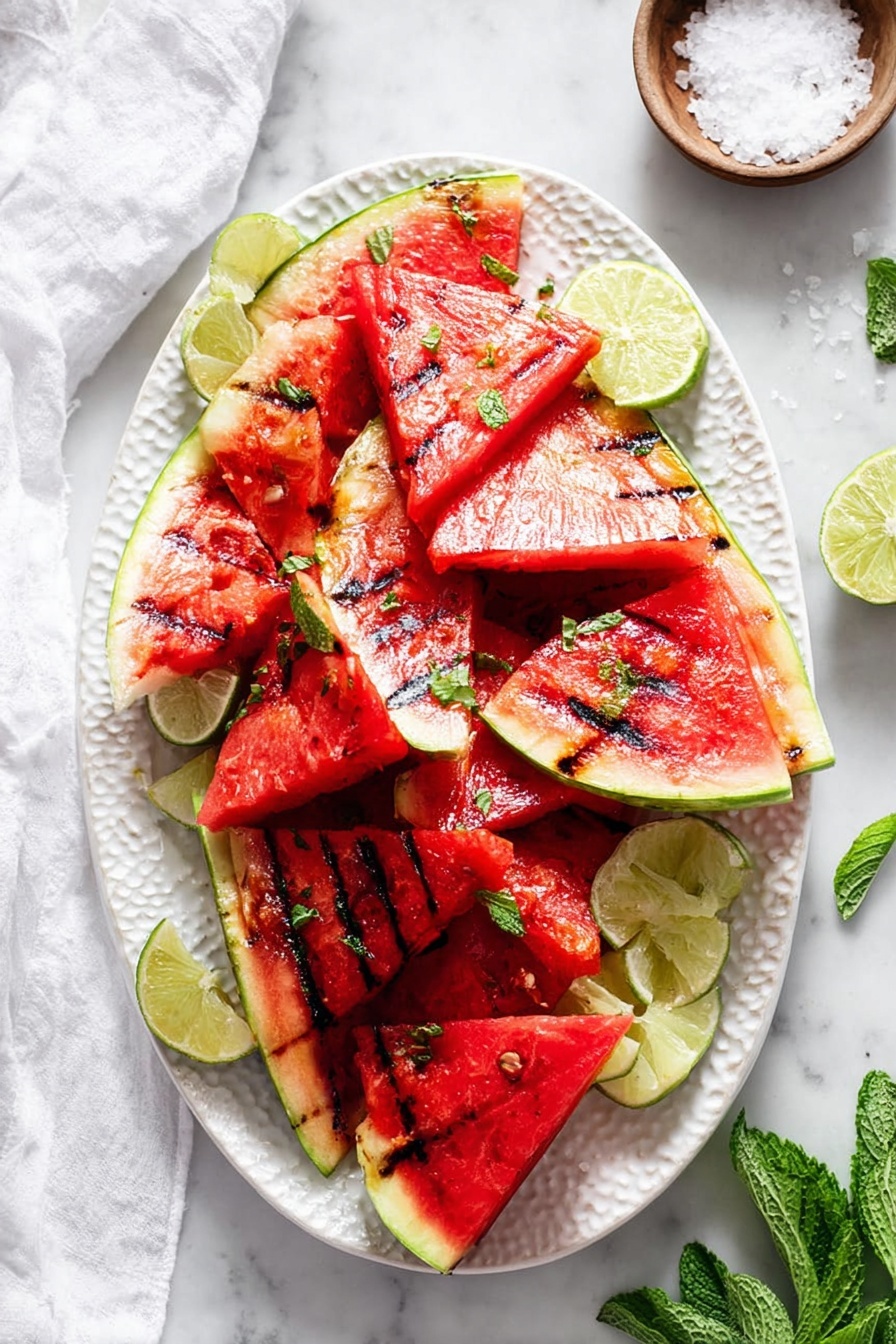 The image shows a white textured oval plate filled with grilled watermelon slices cut into thick triangular pieces. Each slice has a deep red inside with visible black grill marks and a thin green rind at the bottom. Some slices have a slight char on the rind side. There are small sprinkles of green mint leaves over the watermelon pieces. Around the plate, there are lime wedges placed for garnish, adding a touch of light green. Near the plate, a small white bowl with coarse salt is on the white marbled surface beside fresh green mint leaves and a white cloth. The colors are bright and fresh with a crisp, clean look. photo taken with an iphone --ar 2:3 --v 7