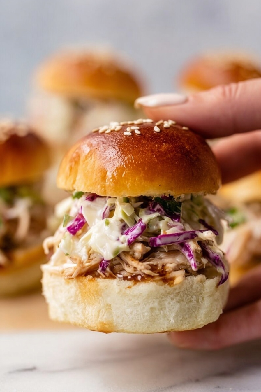The image shows a tray with six open sandwich buns arranged in two columns. Three buns on the left column each have a layer of shredded brown meat with a glossy sauce spread evenly on the bottom halves, while the top halves are plain and placed beside them. The buns are light in color with a soft texture. Around the tray, there are bowls and plates with different sides: a bowl filled with more shredded meat with sauce and a spoon on the top left, a small white plate holding several long, green pickles on the top right, a bowl of creamy coleslaw with shredded cabbage and carrots at the bottom, and a small dish with a dark reddish-brown dipping sauce on the bottom left. The surface underneath is white with a marbled texture. Photo taken with an iphone --ar 2:3 --v 7