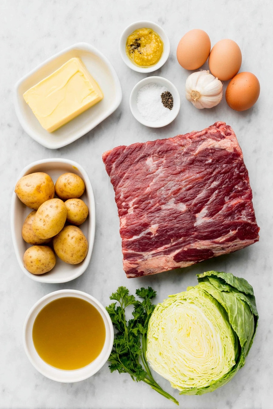 Flat lay of a large uncut corned beef brisket with visible fat layer, a medium onion cut into large chunks, whole uncracked brown eggs, several fresh garlic cloves peeled and minced, a small white ceramic bowl with bright golden melted butter, a small white ceramic bowl filled with coarse sea salt, a small white ceramic bowl with freshly ground black pepper, a small white ceramic bowl holding whole grain mustard with visible mustard seeds, a few bright orange whole carrots cut into large chunks, a small head of green cabbage quartered into wedges, a handful of small fingerling potatoes halved showing smooth skin in gold and red hues, a few sprigs of fresh green parsley on the side, and a small white ceramic bowl with rich amber colored beef broth -- all ingredients fresh and natural, arranged with perfect symmetry and balanced proportions, placed on a clean white marble surface, soft natural light, photo taken with an iPhone, professional food photography style, fresh ingredients, white ceramic bowls, no bottles, no duplicates, no utensils, no packaging --ar 2:3 --v 7 --p m7354615311229779997
