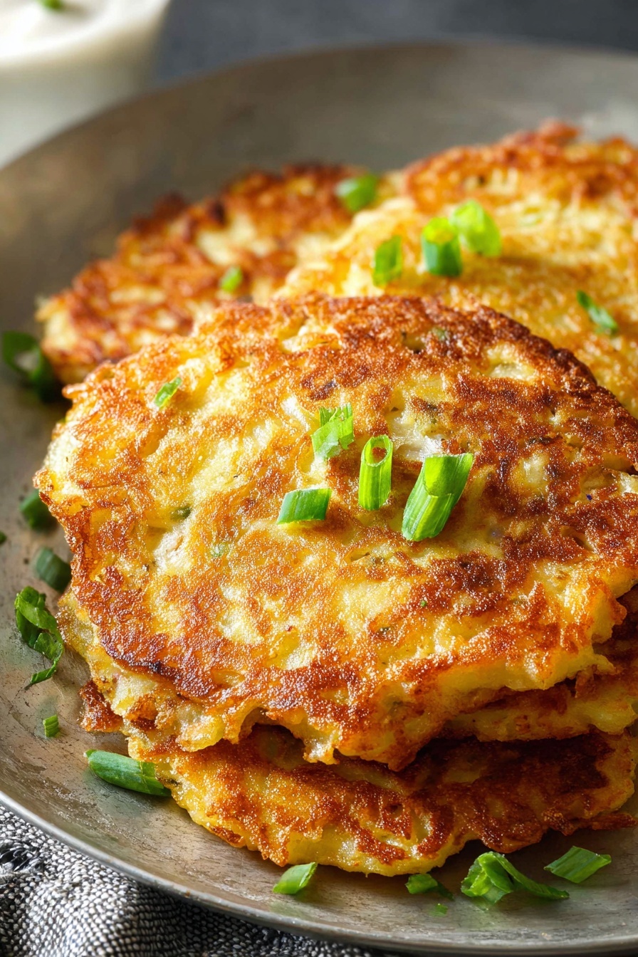 The image shows three golden brown potato pancakes stacked slightly on a white plate placed on a white marbled surface. The pancakes have a crispy, textured surface with uneven edges and light and dark brown spots. On the top pancake, there is a dollop of white sour cream with small pieces of green chopped scallion sprinkled over the pancakes and around the plate. The overall appearance is warm and inviting, with a rustic homemade look. photo taken with an iphone --ar 2:3 --v 7