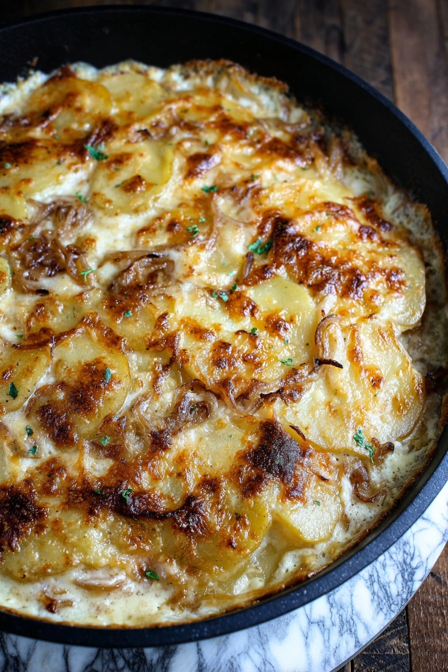 The image shows a cooked creamy dish in a black round skillet. The top layer is made of melted golden-brown cheese, with toasted parts adding a crispy texture. Beneath the cheese, thin slices of light beige potatoes are visible, mixed with caramelized brown onion pieces spread evenly across the surface. The edges of the dish show bubbling cream sauce mixed with cheese, creating a rich and smooth texture. The skillet sits on a dark wooden surface with a white marbled texture underneath. photo taken with an iphone --ar 2:3 --v 7