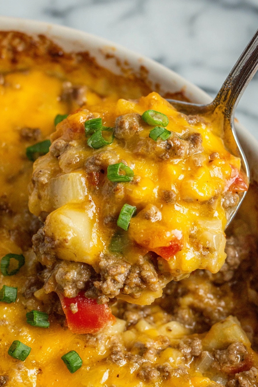 A close-up of a rich, creamy cheesy dish showing multiple layers mixed together in a white bowl set on a white marbled surface. The bottom layer has cooked ground meat and small soft potato cubes, creating a textured, chunky base in light brown and pale yellow shades. Above this, a thick layer of melted bright orange cheddar cheese covers the meat and potatoes, with a glossy, slightly oily surface. There are small diced red bell peppers and evenly scattered chopped green onions on top, adding bright red and green colors that stand out. A wooden spoon lifts a serving, showing the thick, gooey cheese stretching and coating the mixed ingredients in a warm, comforting way. photo taken with an iphone --ar 2:3 --v 7