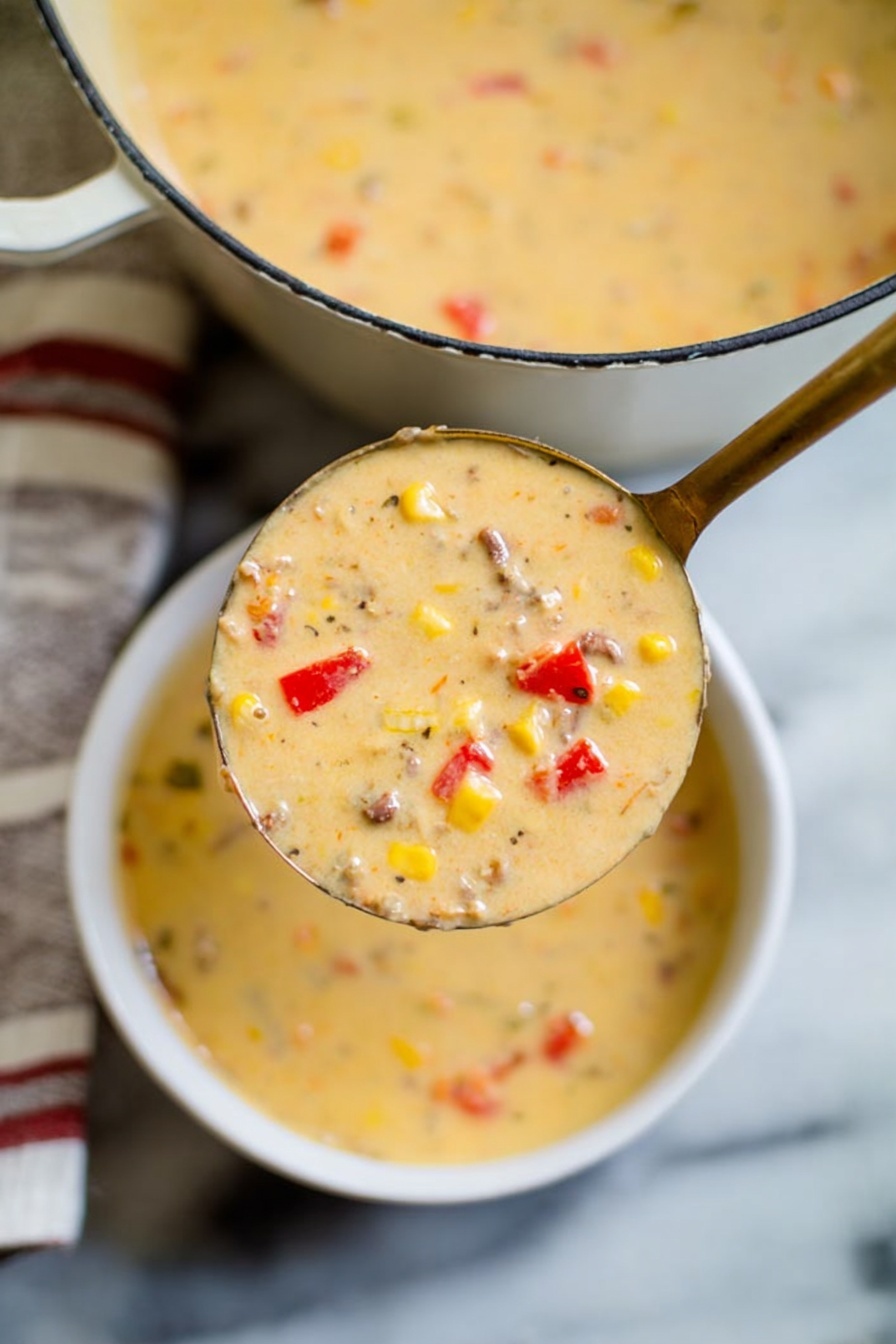 A close-up view of a spoon filled with creamy soup showing three visible layers of ingredients: small orange carrot pieces, yellow corn kernels, and tiny bits of brown meat, all mixed into a thick beige broth. Below, a white bowl holds the same soup with a smooth, creamy surface and small colorful bits scattered throughout. The background shows a red pot and a white marbled surface with a checkered cloth partly visible. Photo taken with an iphone --ar 2:3 --v 7