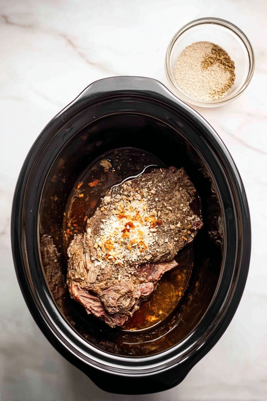 A close-up image shows a woman's hand holding a sandwich above a small clear glass bowl filled with brown dipping sauce. The sandwich has three clear layers: a top layer of light brown, crusty ciabatta bread with a soft texture and slight flour dusting; a middle layer of melted creamy white cheese slightly oozing down; and a bottom layer of dark brown shredded meat with a moist and tender look. The sandwich sits on a white marbled surface, with a silver tray underneath holding more sandwiches in the background. Photo taken with an iphone --ar 2:3 --v 7