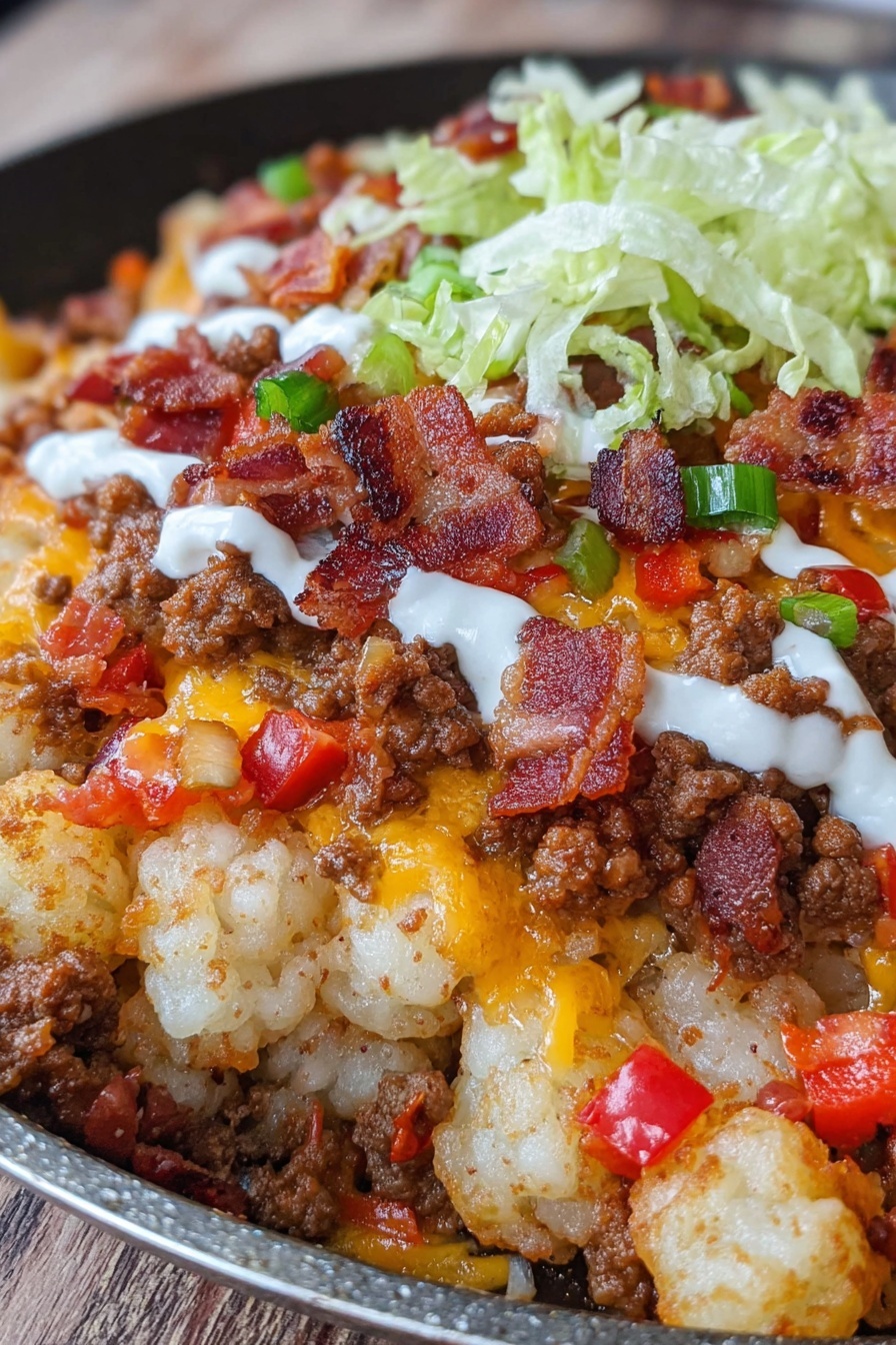 This image shows a dish in a black skillet made of many layers. The bottom layer is made of soft, cooked potatoes mixed with small pieces of red and yellow bell peppers. On top of that, there is a layer of cooked ground meat with bits of cooked onion. Above the meat, there is a layer of melted cheese that looks gooey and slightly browned. Then a layer of chunky red tomato sauce is spread on top. On the very top, shredded pale green lettuce pieces are scattered, along with dollops of white sour cream and crispy dark red bacon pieces. The dish looks warm and hearty, sitting on a surface with a white marbled texture. Photo taken with an iphone --ar 2:3 --v 7