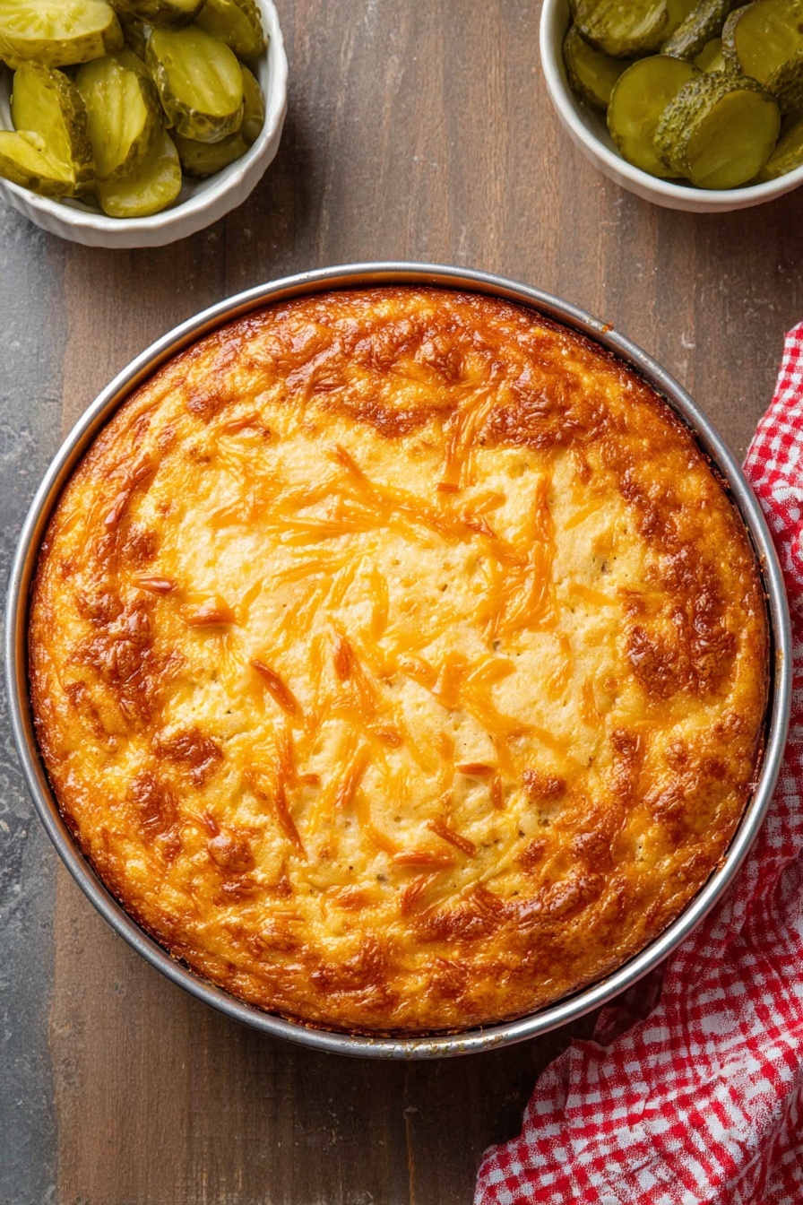 A round, golden-brown baked dish in a clear glass pie dish is shown from above. The top layer is smooth and firm, dotted with darker orange, slightly crispy lines and patches that suggest melted cheese or baked sauce. The crust is evenly browned, creating a textured edge that rises slightly around the dish. Next to the dish, a white bowl filled with sliced green pickles sits on a white marbled surface, with some pickle slices scattered nearby. A red and white checkered cloth is partly visible in the bottom right corner. Photo taken with an iphone --ar 2:3 --v 7