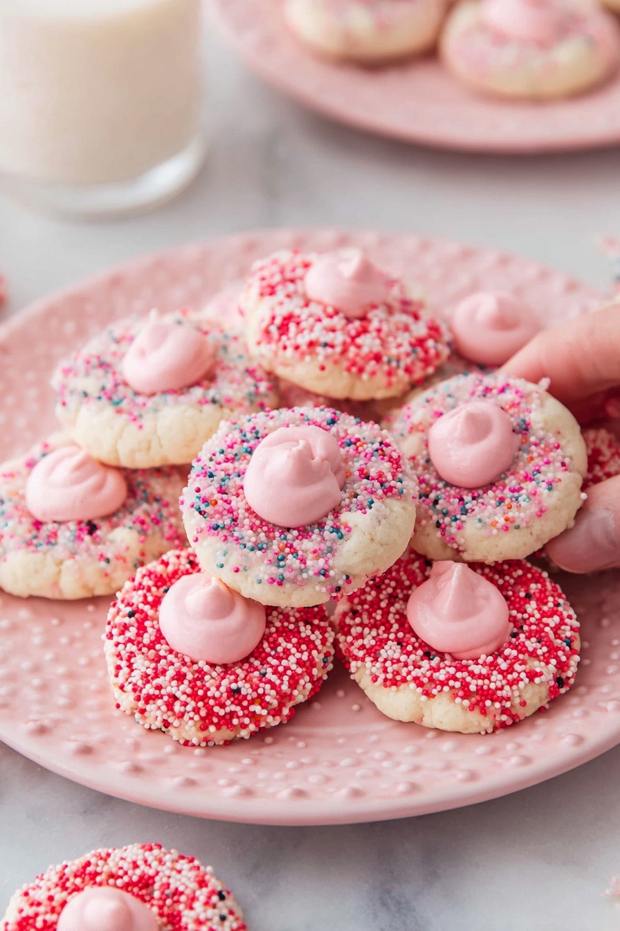 A pink patterned white plate holds two types of round cookies stacked together. One type has a white base layer with small colorful sprinkles mixed inside the dough and a dollop of smooth, light pink frosting in the center. The other type has a white base layer covered in red, pink, and white round sprinkles around the edges with the same pink frosting dollop in the center. The cookies sit on a wooden surface, and a woman's hand is about to pick one from the plate. Nearby, more cookies and a glass of milk are visible. photo taken with an iphone --ar 2:3 --v 7