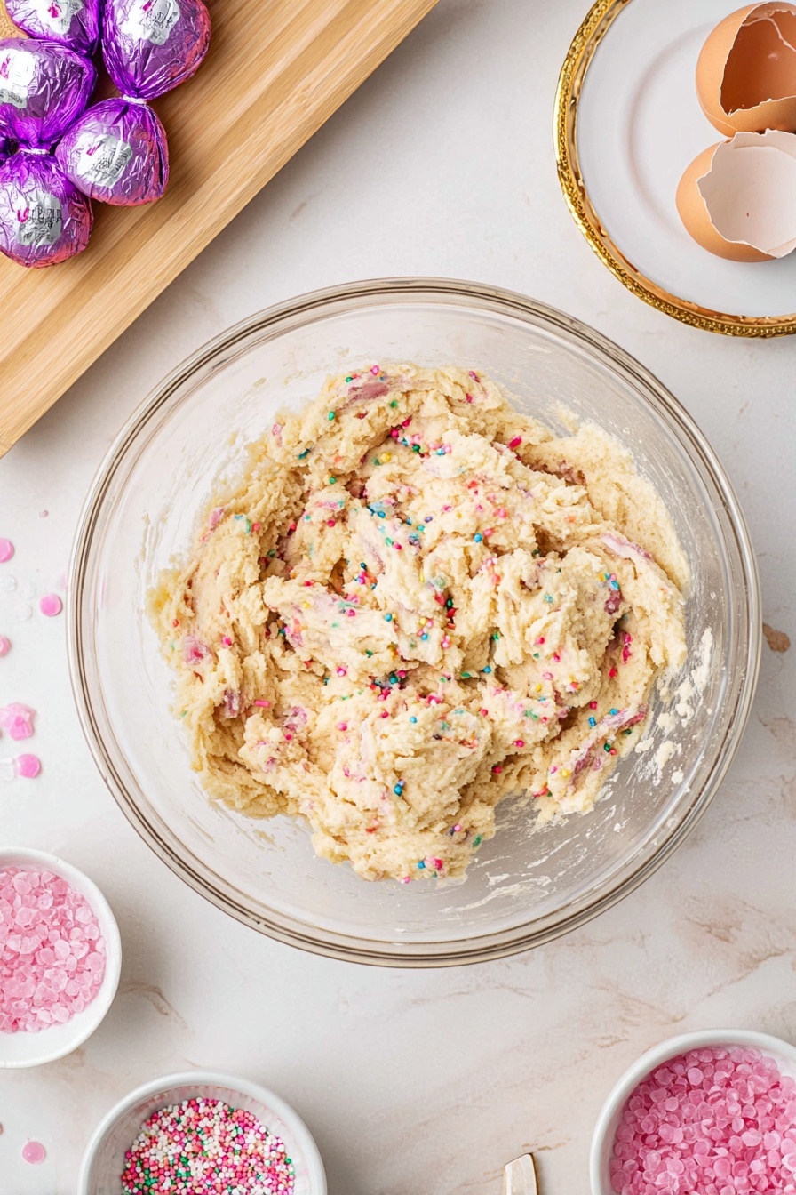 The image shows a close-up of a cookie with one bite taken out of it. The cookie has two main layers: a light beige dough base with blue and red tiny sprinkles inside, and the top covered with red, pink, and white round sprinkles. On top of the cookie, there is a dollop of soft, glossy pink frosting with a peak shape and some small bumps visible in the frosting. The cookie rests on a white marbled surface with a small cluster of the same round sprinkles scattered around. In the background, there is another cookie topped with the same pink frosting that is softly blurred. photo taken with an iphone --ar 2:3 --v 7