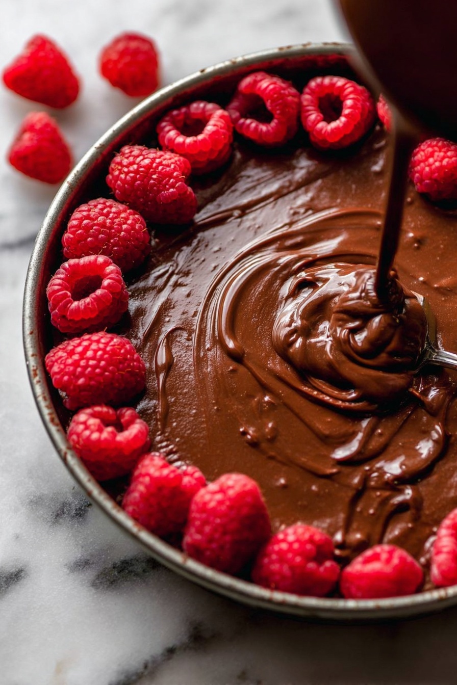 A slice of rich chocolate cake with three visible layers is shown on a white plate with a white marbled background. The bottom layer is a dark, crumbly chocolate base, the middle layer is dense chocolate mousse with bits of red fruit inside, and the top layer is smooth chocolate ganache dripping down the sides. Three fresh red raspberries sit on top of the cake. There is cocoa powder dusted around the cake slice on the plate, and a piece of the cake with ganache and raspberries sits in front of the slice. Photo taken with an iphone --ar 2:3 --v 7
