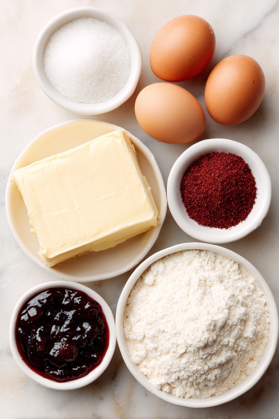 Flat lay of a small slab of unsalted butter, a small white bowl of granulated sugar, two whole uncracked brown eggs, a small white bowl of vanilla extract, a small white bowl filled with all-purpose flour, a small white bowl with kosher salt, a small white bowl containing bright red freeze-dried raspberry powder, a small white bowl of glossy raspberry jam, all arranged symmetrically on a clean white marble surface, soft natural light, photo taken with an iPhone, professional food photography style, fresh ingredients, white ceramic bowls, no bottles, no duplicates, no utensils, no packaging --ar 2:3 --v 7 --p m7354615311229779997