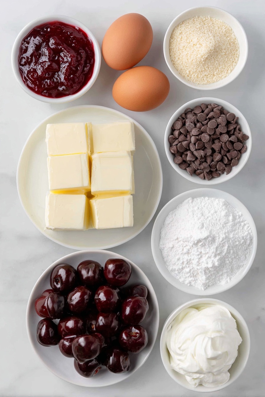 Flat lay of unsalted butter cut into chunks on a simple white ceramic plate, golden caster sugar in a small white ceramic bowl, a small white ceramic bowl with vanilla extract, a small white ceramic bowl with almond extract, four whole clean-shelled medium brown eggs arranged neatly, a simple white ceramic bowl filled with coarse ground almonds, a small white ceramic bowl containing fine cocoa powder, a small white ceramic bowl with baking powder, a white ceramic plate with a slab of melted dark chocolate, a white ceramic bowl with dark chocolate chips, a simple white ceramic bowl heaped with fresh black cherries—some whole and some halved—arranged symmetrically, a small white ceramic bowl holding glossy cherry jam, and a small white ceramic bowl with thick whipped cream, all placed on a clean white marble surface, soft natural light, photo taken with an iPhone, professional food photography style, fresh ingredients, white ceramic bowls, no bottles, no duplicates, no utensils, no packaging --ar 2:3 --v 7 --p m7354615311229779997