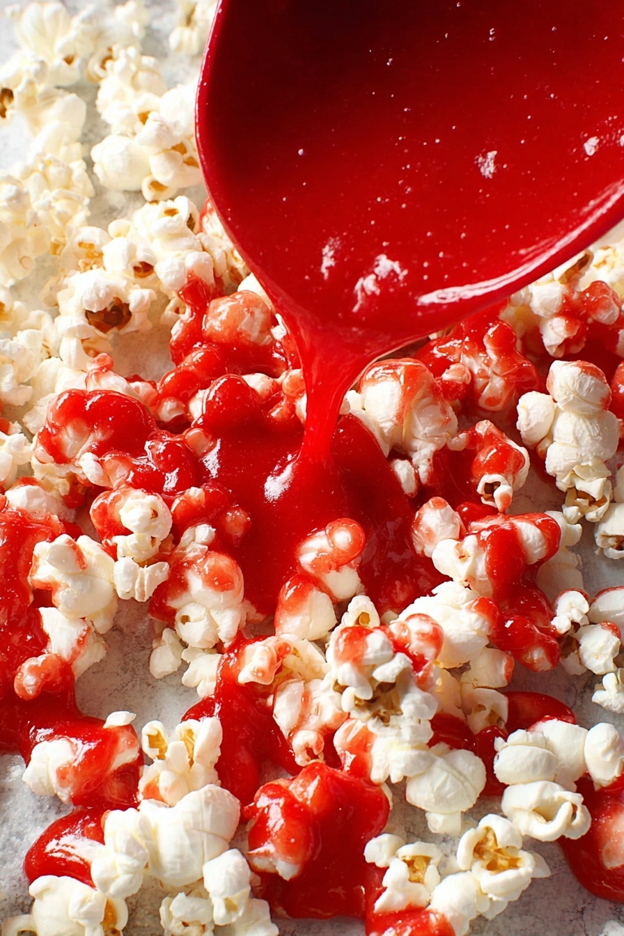 A close-up view of freshly popped white popcorn being covered with a thick, bright red sauce that is poured from a red ladle. The popcorn fills the bottom layer, with the red sauce flowing generously over it, creating a shiny and smooth texture contrast against the fluffy popcorn. The background features a white marbled texture that softly reflects light. Photo taken with an iphone --ar 2:3 --v 7