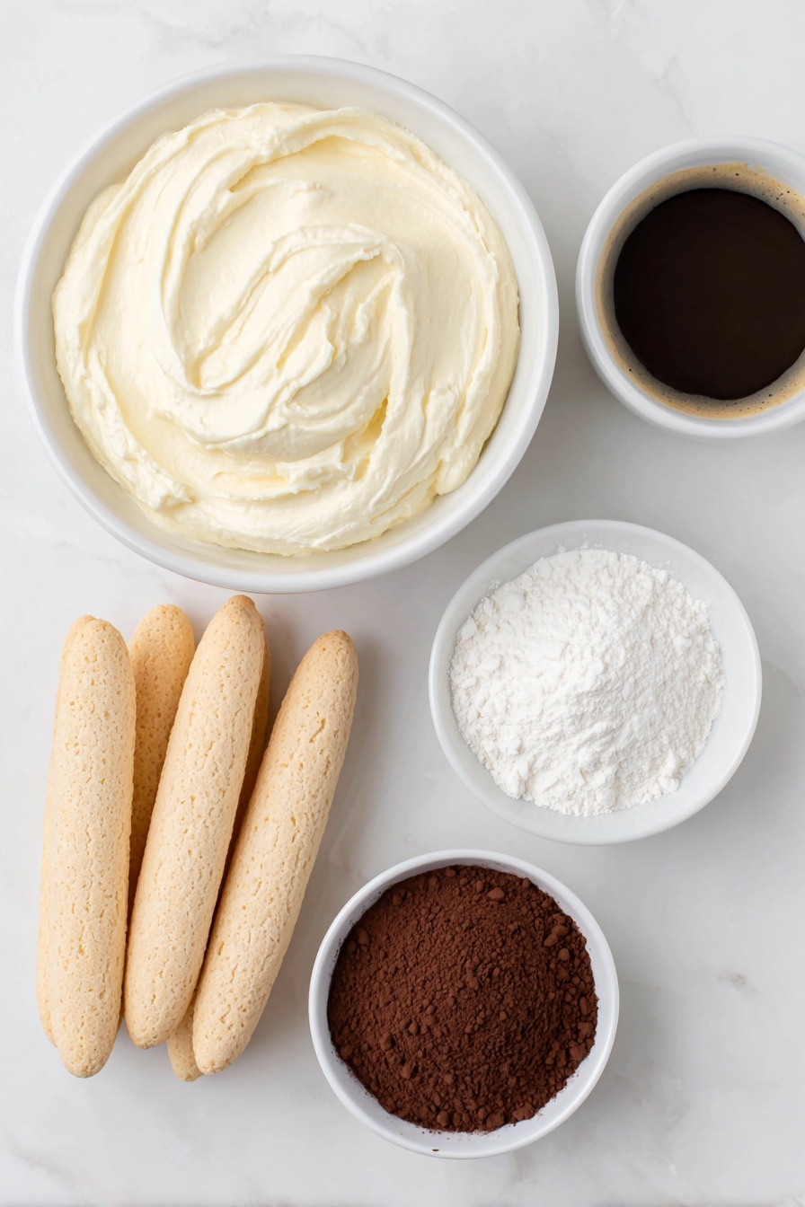 Flat lay of a small mound of creamy mascarpone cheese in a simple white ceramic bowl, a neat stack of fresh savoiardi ladyfinger biscuits, a small white bowl filled with dark brewed espresso coffee, another small white bowl containing sifted powdered sugar, and a third small white bowl holding rich cacao powder for dusting, all ingredients fresh and natural, perfectly arranged in balanced symmetry, placed on a clean white marble surface, soft natural light, photo taken with an iPhone, professional food photography style, fresh ingredients, white ceramic bowls, no bottles, no duplicates, no utensils, no packaging --ar 2:3 --v 7 --p m7354615311229779997