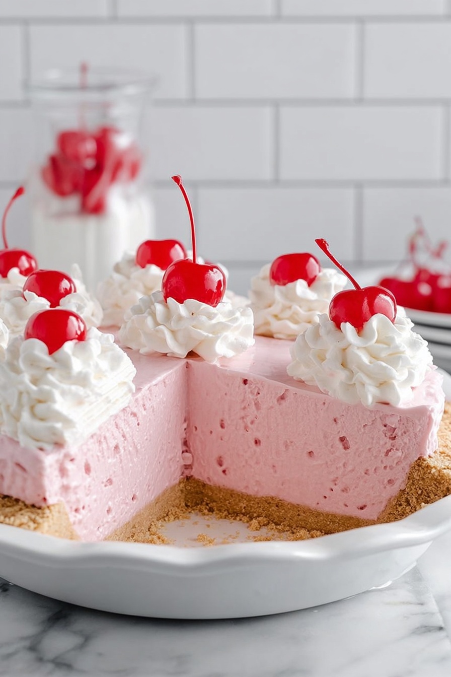 A slice of pink mousse pie is shown on a silver pie server held by a woman's hand, revealing three layers: a light brown crumbly crust at the bottom, a thick smooth and fluffy light pink mousse middle layer, and a small swirl of white whipped cream on top with a bright red maraschino cherry. The rest of the pie in a silver foil pie dish has the same layers and is decorated with evenly spaced whipped cream swirls each topped with a maraschino cherry. The scene is set on a white marbled surface with a white bowl of cherries and a glass of red drink blurred in the background. photo taken with an iphone --ar 2:3 --v 7