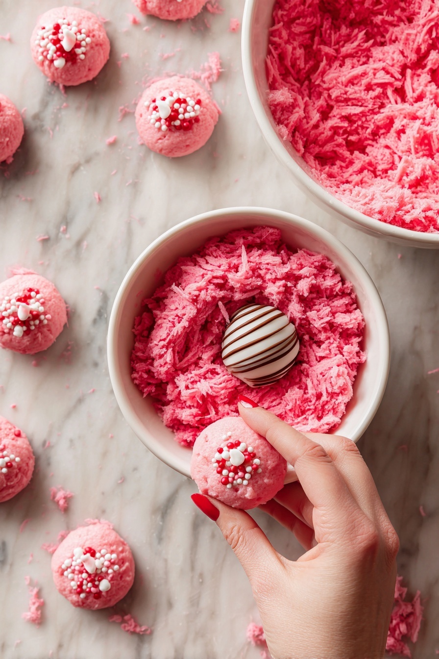A stack of five small pink cupcakes with a soft texture is shown on a white marbled surface. Two cupcakes are cut in half and placed at the front, revealing a creamy white center with a small piece of melted dark chocolate inside each. The pink cupcakes have a smooth top, some decorated with tiny white heart-shaped sprinkles, and one cupcake on top of the stack also has a white heart sprinkle. Around the cupcakes, there are scattered white and red heart-shaped sprinkles and a striped chocolate piece. The background is softly blurred with a white and light pink gradient. Photo taken with an iphone --ar 2:3 --v 7