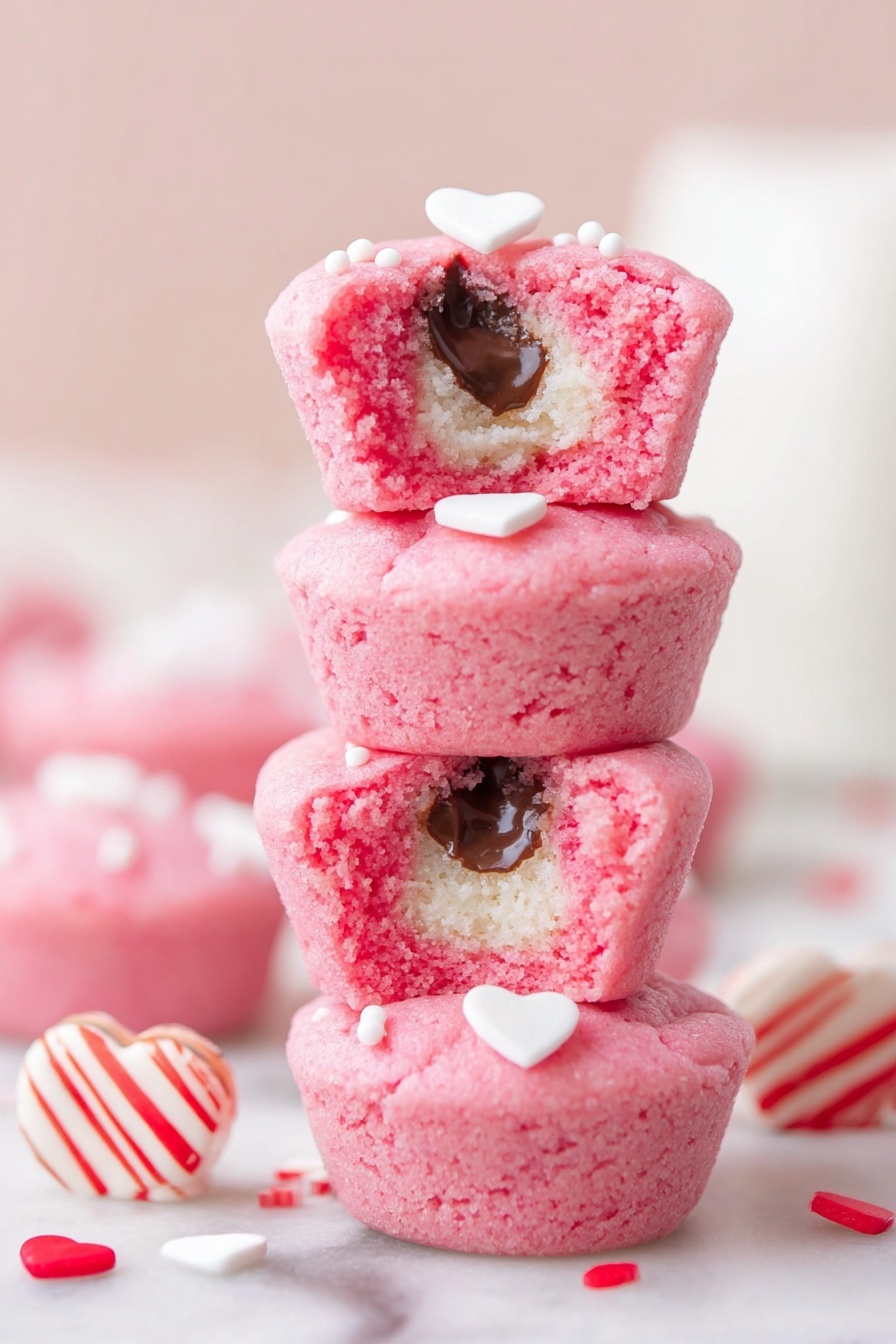 The image shows six-step visuals of making pink cookie balls. Step 1 displays a white bowl filled with bright pink crumbly dough. In Step 2, a woman's hand holds a flattened piece of the pink dough shaped into a small circle with a striped chocolate candy on top. Step 3 shows a woman's hand beginning to wrap the dough around the candy. Step 4 captures the pink dough fully wrapped around the candy, forming a smooth small ball resting in the woman's hand. Step 5 presents a dark grey muffin tray with 20 pink dough balls neatly placed inside each cup. Step 6 displays the same tray after baking, now holding 20 pink cookies decorated with small white and red heart-shaped sprinkles on a white marbled surface beside a red-striped cloth. Photo taken with an iphone --ar 2:3 --v 7