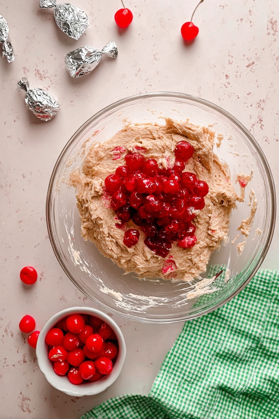 A white plate shows a stack of pink cookies with small red cherry pieces mixed inside. The top cookie is broken in half, revealing a thick, smooth dark brown chocolate layer inside. On top of some cookies, there is a chocolate kiss sitting in the middle, shining slightly. A shiny red cherry with a green stem lies next to the stack on the plate, which sits on a white marbled surface. The cookies have a soft, crumbly texture and a round, slightly domed shape, with some cookies blurred in the background. photo taken with an iphone --ar 2:3 --v 7