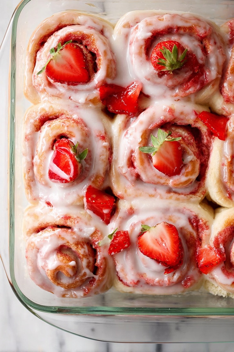 In a clear glass baking dish, there are nine strawberry rolls arranged closely in a 3x3 grid. Each roll has several visible layers, with a soft light yellow dough base rolled around a bright red strawberry filling that creates a spiraled pattern. The rolls are generously covered with a smooth, glossy white glaze that fills the spaces between and gently drips down the sides. Fresh strawberry slices, showing their red flesh and green tops, are placed on some of the rolls, adding a pop of color and fresh texture. The baking dish sits on a white marbled surface, enhancing the vibrant colors of the strawberry rolls. photo taken with an iphone --ar 2:3 --v 7